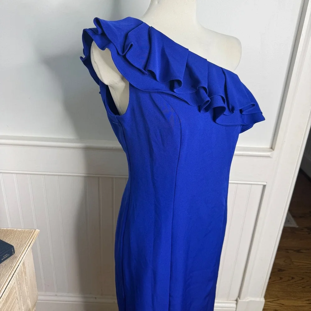 Marina One Shoulder Ruffle Sheath Dress Cobalt Blue Size 6 NWT - Picture 2 of 7